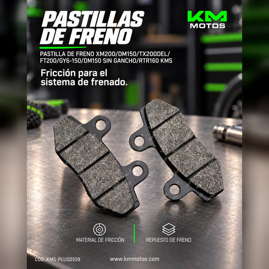Pastillas de freno KM Motos XM200, DM150, TX200, FT200, GY6-150 y RTR160, sin gancho, en caja de color blanco con logotipo.