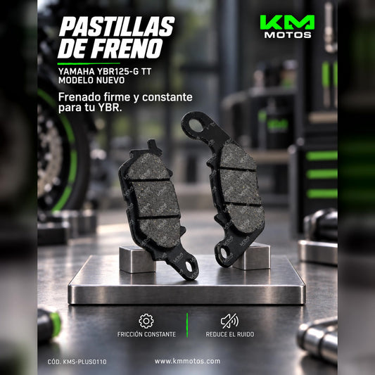 Pastillas de freno KM Motos YBR125-G TT, modelo nuevo, vista cercana de las pastillas de freno para motocicleta.
