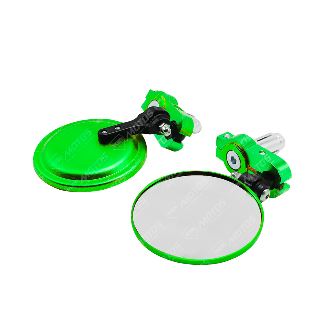 Conjunto de retrovisores redondos de contrapesa con ajuste verde de la marca KM Motos, con soporte y acabado metálico.