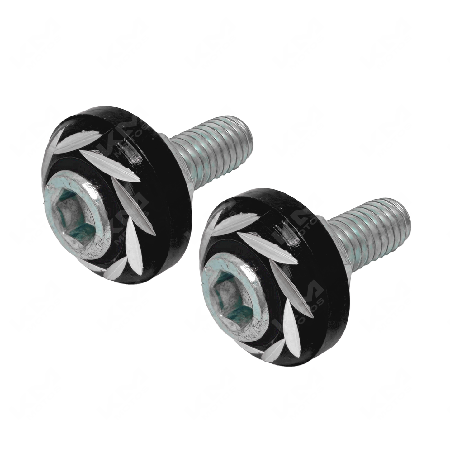 Tornillos decorativos negros de la marca KMS para placa, vista frontal de una unidad sobre fondo claro.
