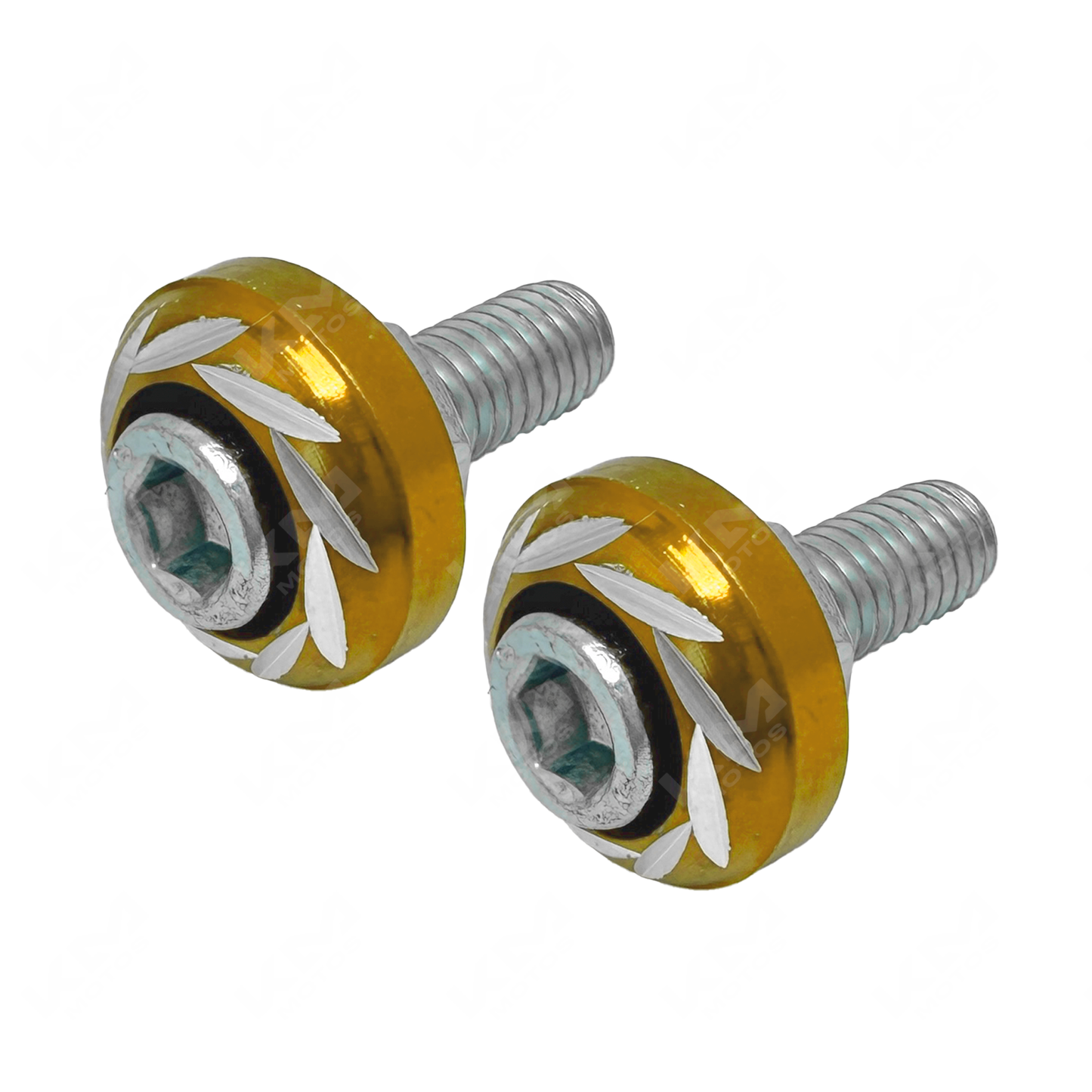 Tornillos decorativos dorados KMS para placa, vista frontal de una unidad de tornillos con acabado brillante.