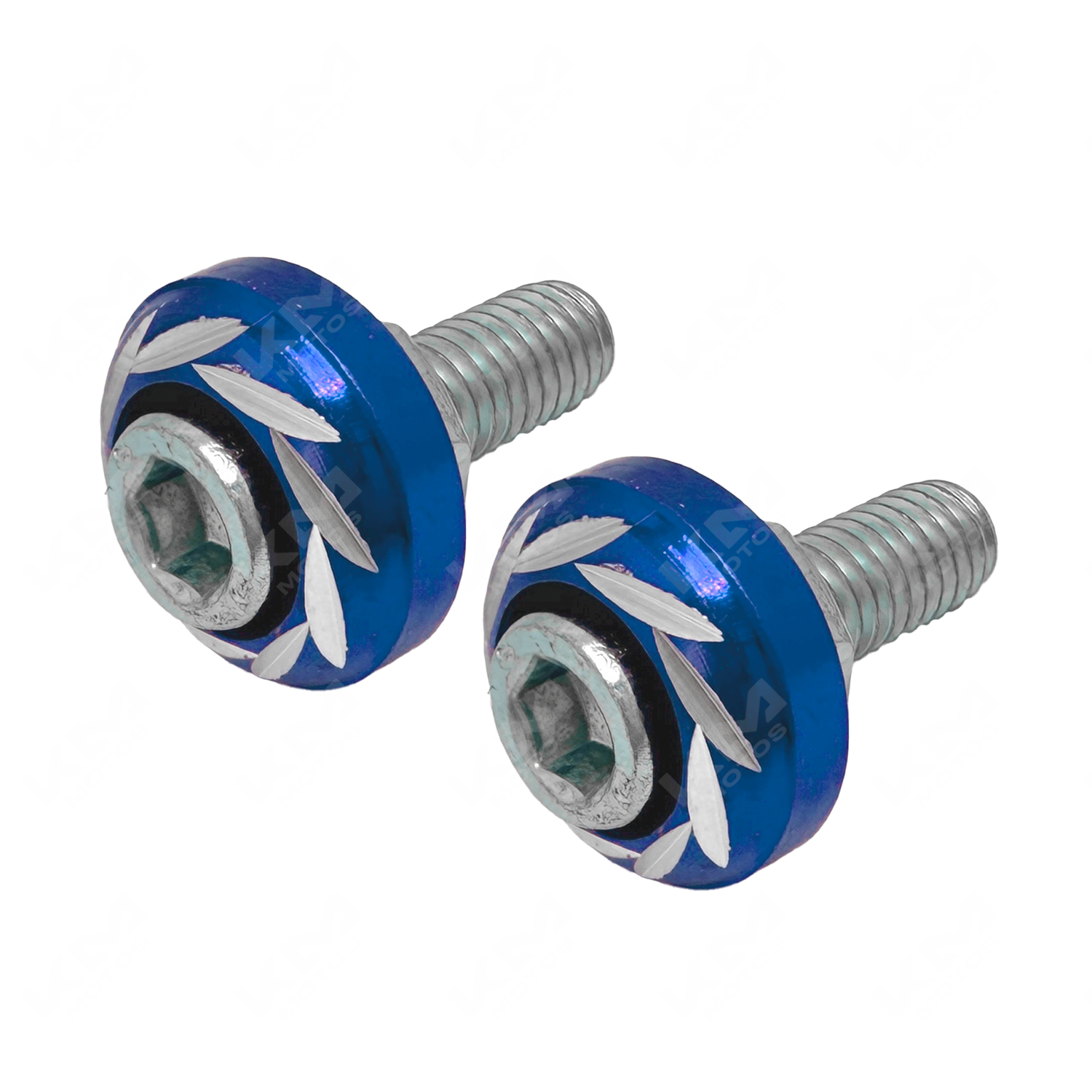Tornillos decorativos azules para placa de KM Motos, unidad, con acabado brillante y diseño moderno.