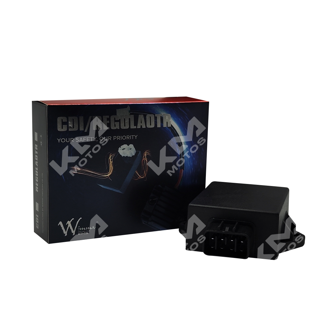 Imagen de un CDI KM Motos GXT200/KMF200 WIMMA, componente electrónico para motos, con conexiones y detalles visibles.