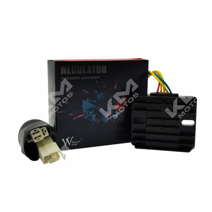 Regulador de voltaje KM Motos ZX250R/GXT250R de 5 líneas, compatible y visible en la imagen.