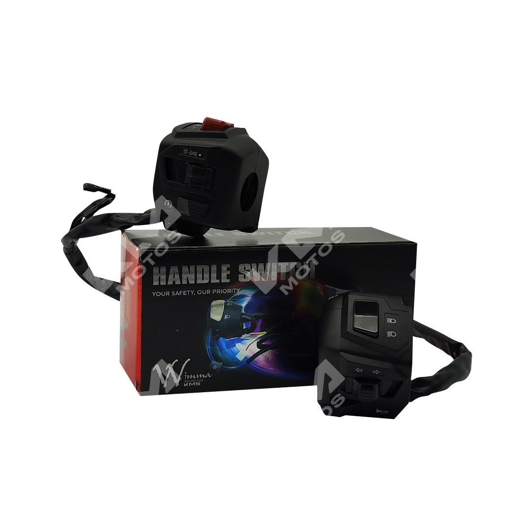 Mandos KM Motos NS200 LH/RH con LEDs WIMMA, control izquierdo y derecho para motocicleta, imagen en color negro y LED.