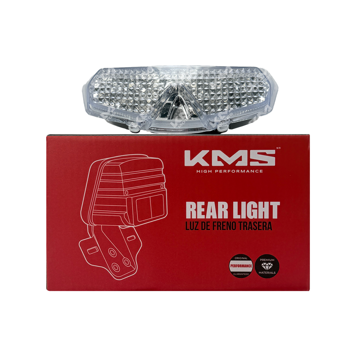 Imagen de la caja del kit de frenos STOP APACHE RTR 200 4V de KMS, con componentes y etiquetas visibles.