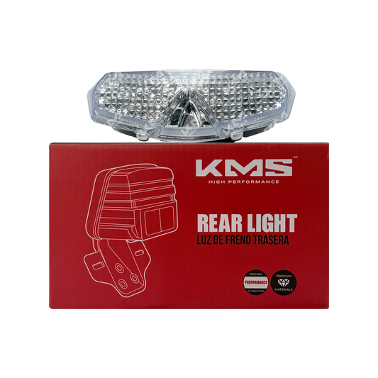 Imagen de la caja del kit de frenos STOP APACHE RTR 200 4V de KMS, con componentes y etiquetas visibles.