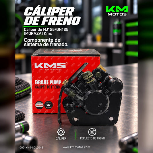 Caliper delantero KMS HJ125/GN125 para motos, componente de freno de alta calidad, en color negro.