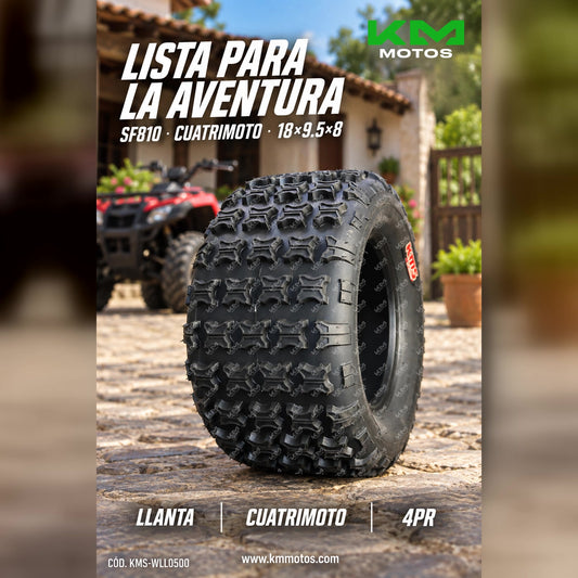 Llanta para cuatrimoto KM Motos 18x9.5x8 SF810, resistente 4PR, neumático de alta durabilidad y buen agarre en terrenos difíciles.