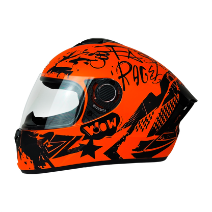Casco integral anaranjado y negro mate KM Motos con diseño gráfico y ventilación, modelo WLT111 HS2 V.C. "L".