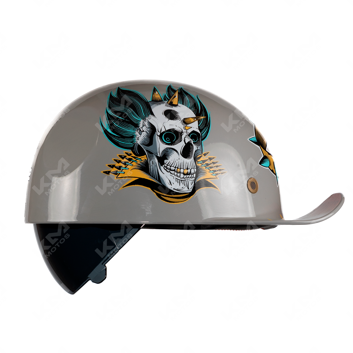 Casco abierto KM Motos Gorrita gris Skull con visera dot, tamaño XL, diseño pandillero y estilo rebelde.
