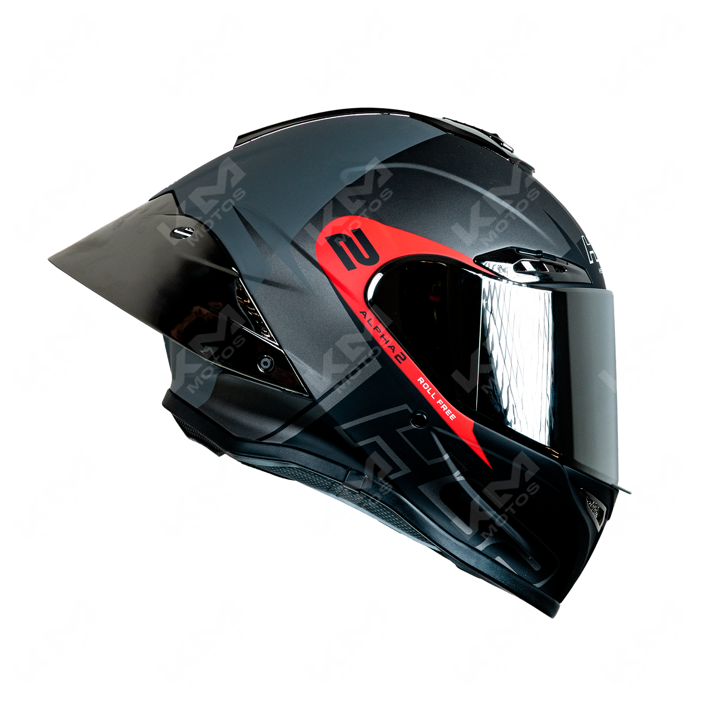 Casco cerrado HS2 rojo y negro mate con visera cromada, modelo #2 para protección y estilo en motocicletas.