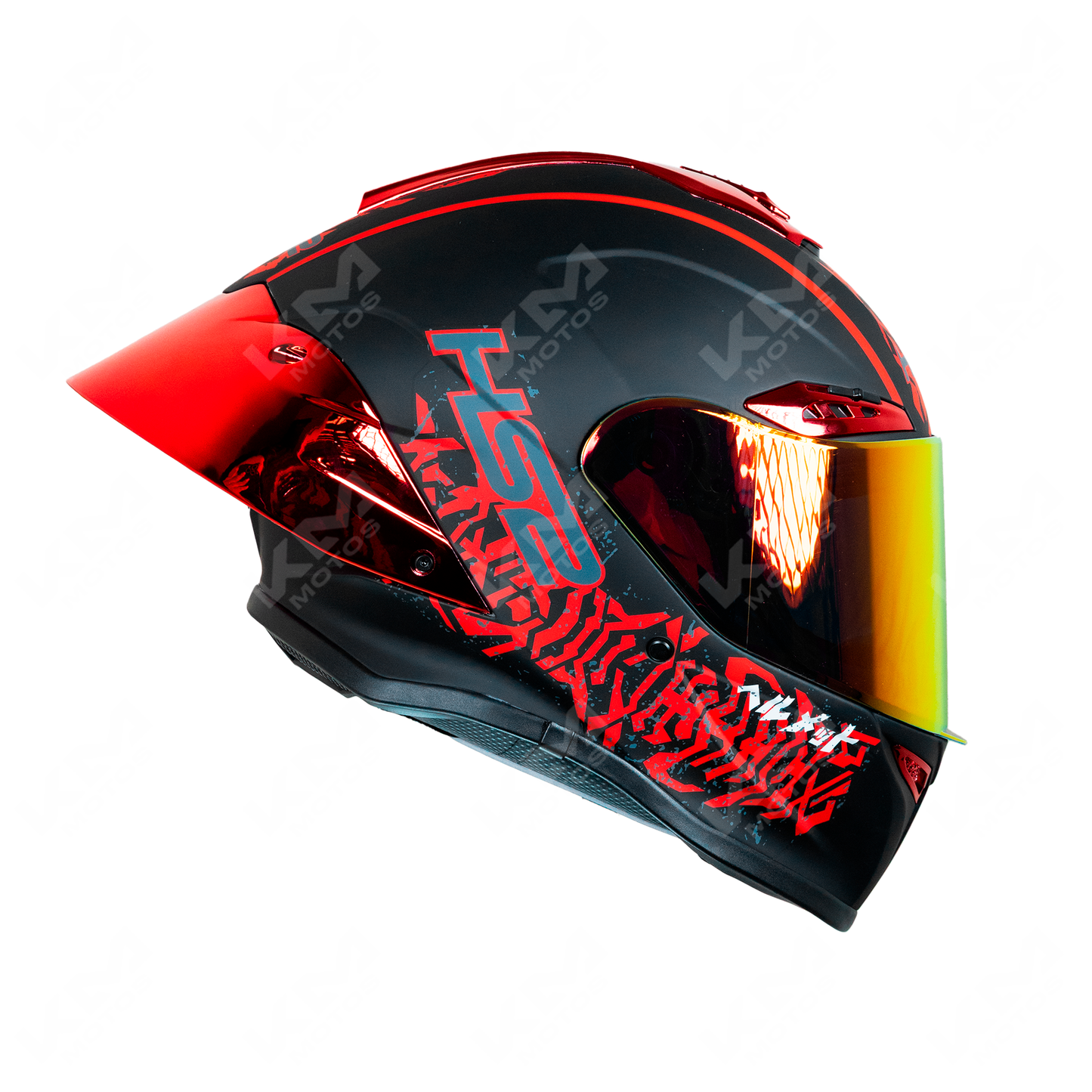 Casco cerrado HS2 negro y rojo estilo samuray con visera dorada, diseño elegante y resistente para motociclistas.