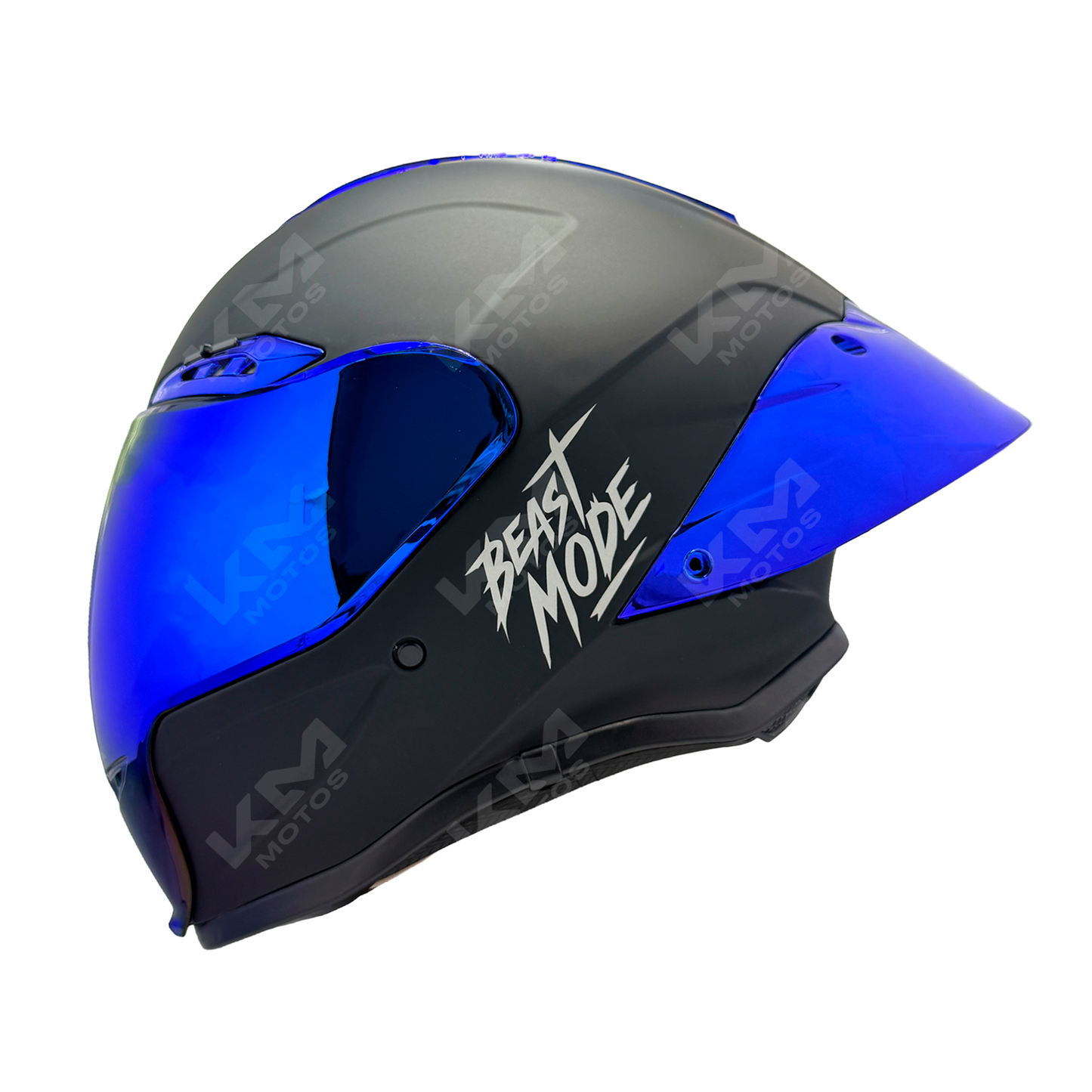 Casco integral electroplate azul KM Motos, tamaño XXL con visera azul y diseño cerrado, para protección en motocicleta.