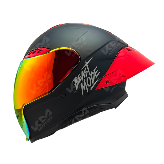 Casco integral electroplate en rojo KM Motos con visera, diseño cerrado y protección completa, tamaño S.