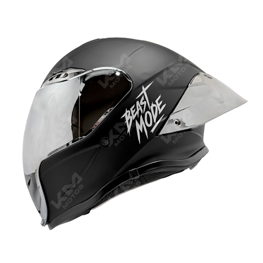 Casco integral de electroplate plateado KM Motos con visera cromada, diseño cerrado y protección para conducción segura.