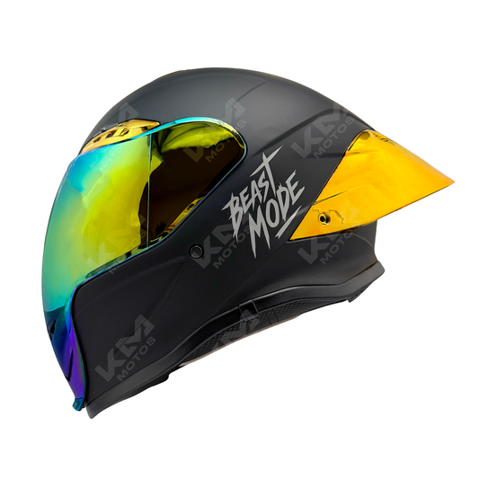 Casco integral de electroplate dorado KM Motos con visera en color dorado, tamaño XXL, diseño cerrado y protección completa.
