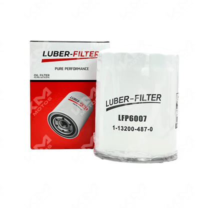 Filtro de aceite enroscable para camiones Mitsubishi Heavy Duty 2.8 TD35 e Isuzu, marca KM Motos, muestra el filtro en la imagen.