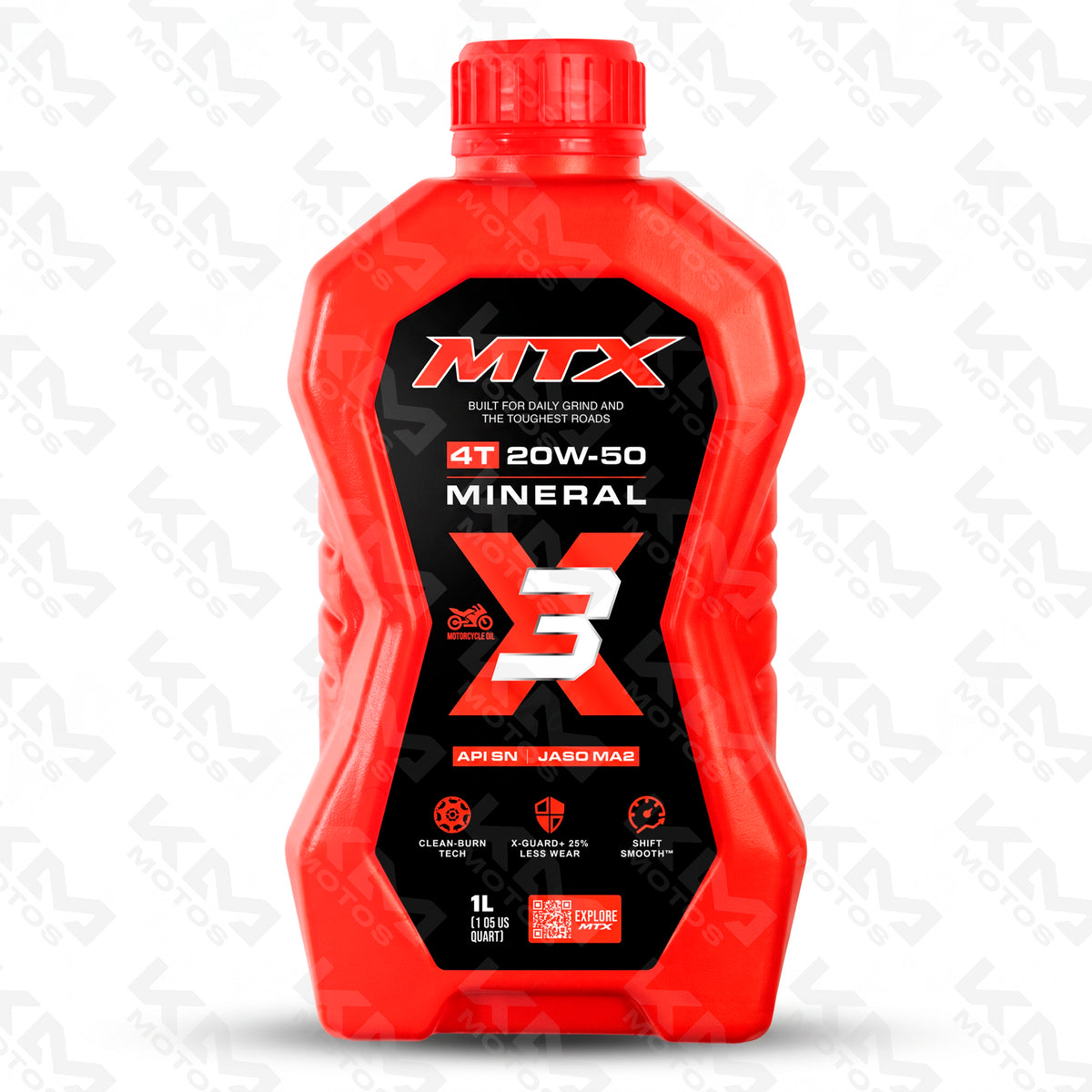 Aceite mineral 20W50 de la marca MTX, botella con etiqueta y tapón, para lubricación de motores en vehículos.