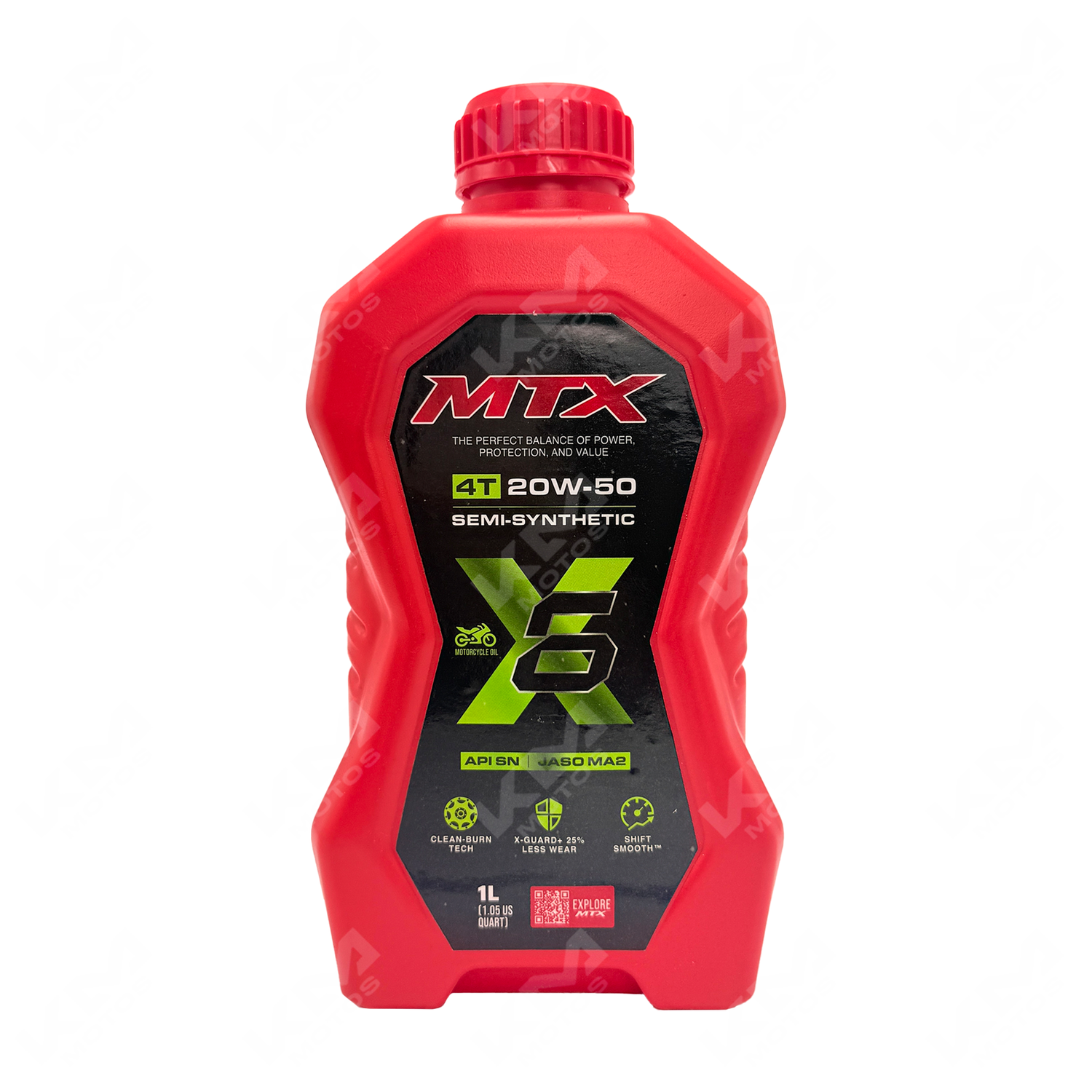 Aceite semi sintético 20W50 MTX para motor, botella con etiqueta visible y tapón, en fondo neutro.