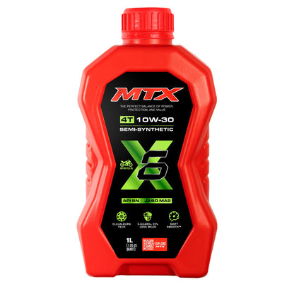 Aceite de motor semi sintético MTX 10W-30 para motos, envase de 1 litro, compatible con API SN y JASO MA2.