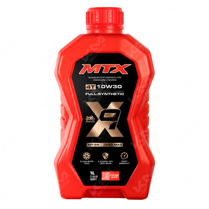Aceite moto MTX 10W-30 Full Sintético, botella de 1 litro, ideal para motores con certificación API SN y JASO MA2