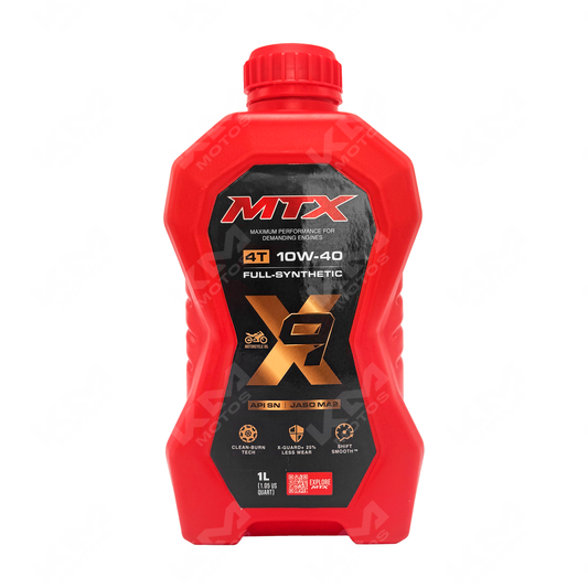 Aceite 10W40 sintético MTX para motor, botella con etiqueta y tapón, en fondo neutro.