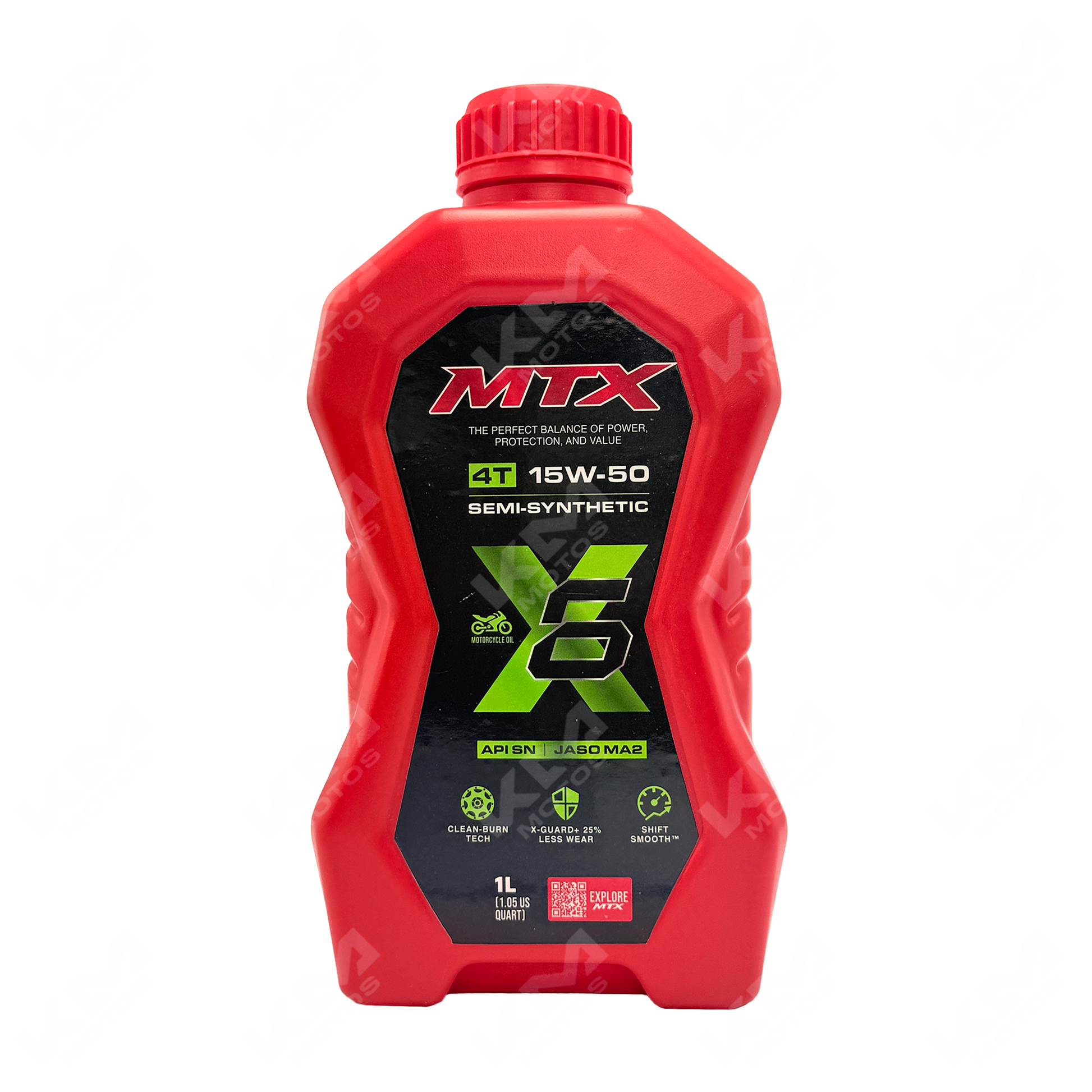 Aceite semi sintético 15W50 de KM Motos, envase de 1 litro, con etiqueta y especificaciones en la imagen.