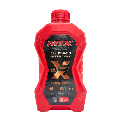 Aceite 15W50 sintético MTX en botella con etiqueta, viscosidad y marca visible, para motores de alto rendimiento.