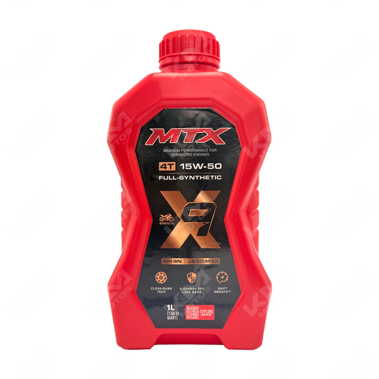 Aceite 15W50 sintético MTX en botella con etiqueta, viscosidad y marca visible, para motores de alto rendimiento.