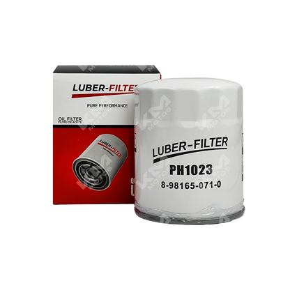 Filtro de aceite enroscable para Isuzu D-Max 2013-2018, marca KM Motos, muestra el filtro en su estado original.