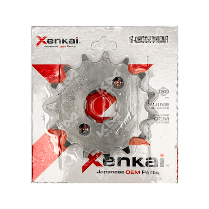 Engranaje de 15 dientes para motos XENKAI CG125/STD/HJ/XM/FT, modelo 428H, visible en la imagen.