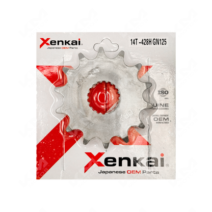 Engranaje de 14 dientes para cadena 428H de motocicleta GN125, marca XENKAI, con dientes dorados y estructura metálica.