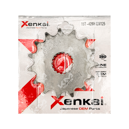 Engranaje de 15 dientes para motocicleta GN125, marca XENKAI, con cadena 428H, visible en la imagen.