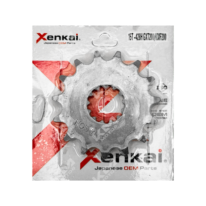 Engranaje de 15 dientes XENKAI para motos, modelo GXT200/KMF200, con cadena 428H, en color negro y acabado metálico brillante.