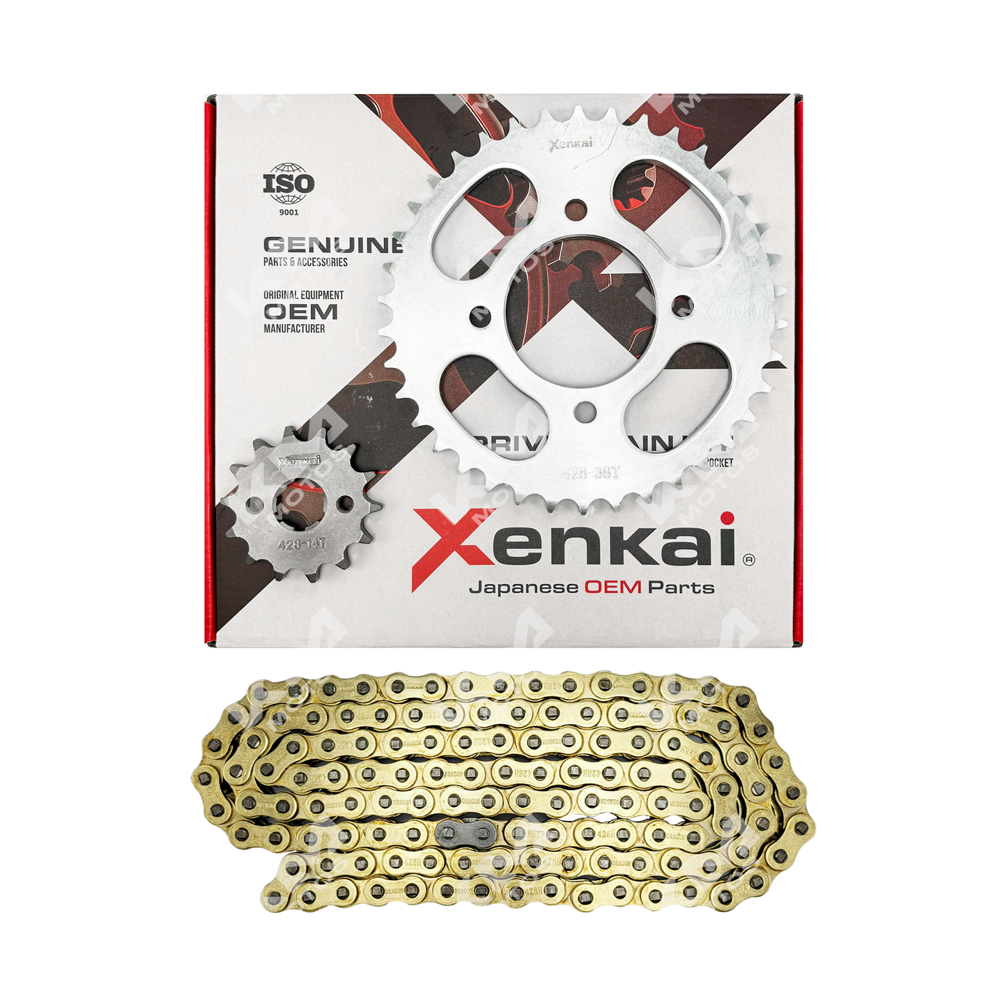 Kit de tracción XENKAI con cadena dorada para motos HJ125, TX200, BYQ y HJ150, incluye engranajes 38T/14T-428H