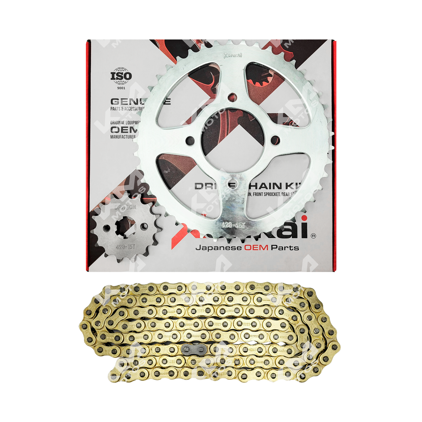Kit de tracción XENKAI de 45T/15T-428H para HJ125-7, HJ150-9 y TX200 con cadena dorada, imagen en color negro y detalles.
