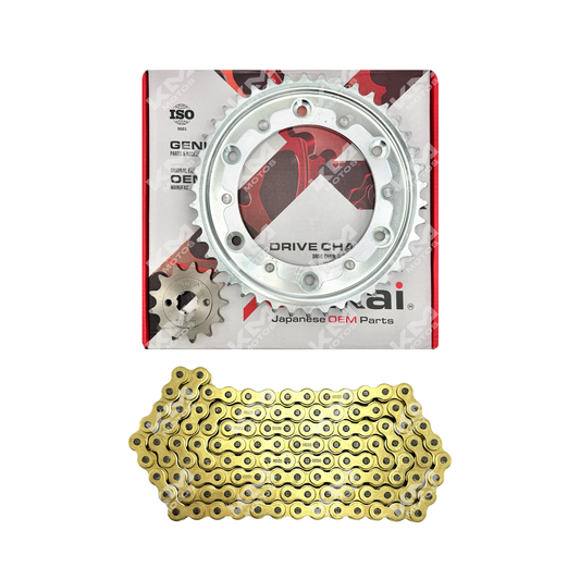 Kit de tracción XENKAI para motos ZX250R y GXT250R con cadena dorada de 42T/13T, 520H, 120L, en imagen.