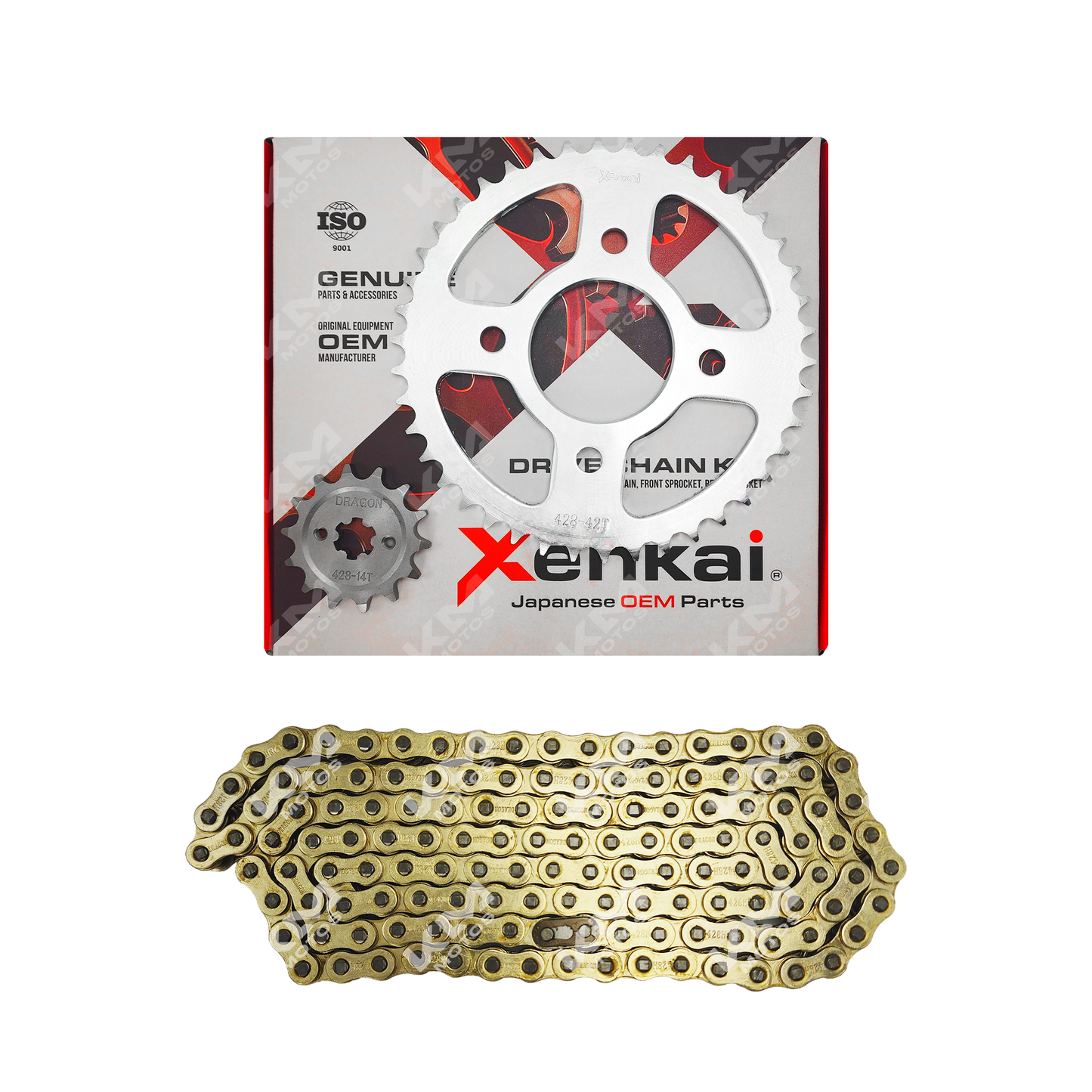 Kit de tracción XENKAI con cadena dorada de 42T/14T para arrastre, modelo 428H-132L, en color dorado.