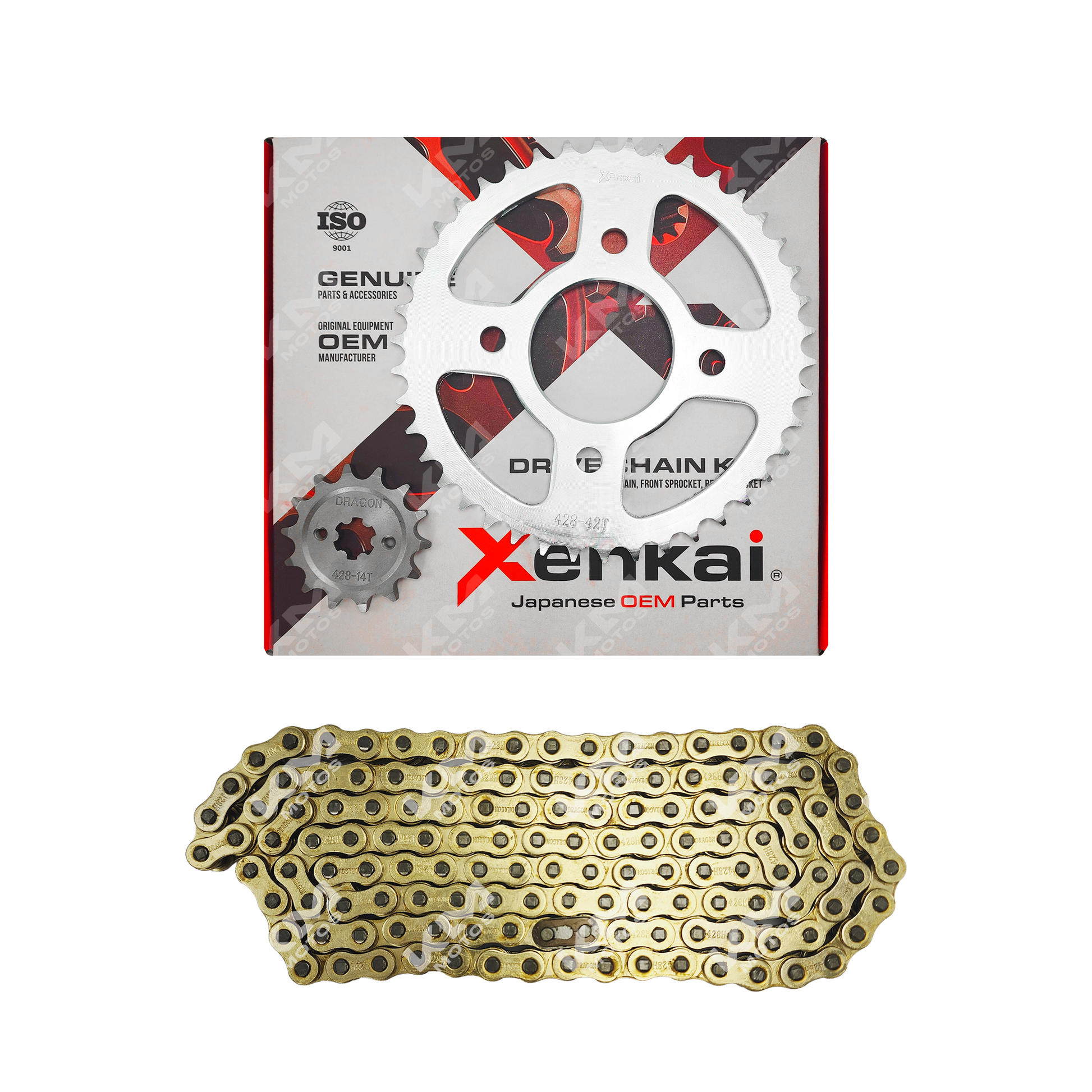 Kit de tracción XENKAI con cadena dorada de 42T/14T para arrastre, modelo 428H-132L, en color dorado.