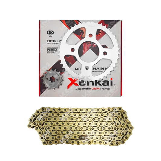 Kit de tracción XENKAI con cadena dorada de 42T/14T para arrastre, modelo 428H-132L, en color dorado.