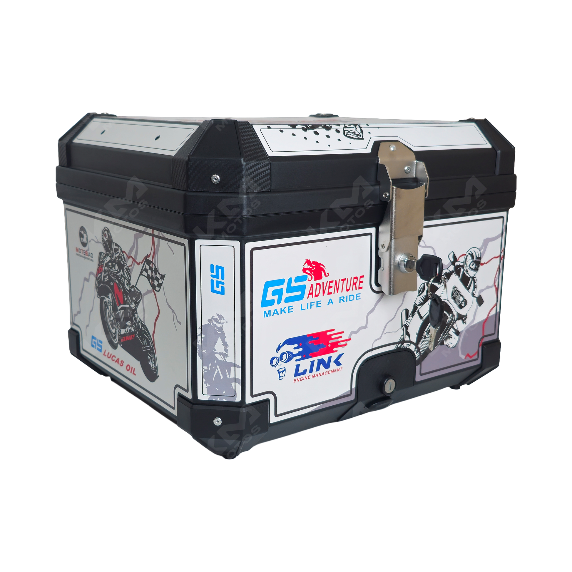 Maletero caja cuadrada de 57L de XPRO con pegatina blanca en acabado negro, resistente y ideal para almacenamiento exterior.