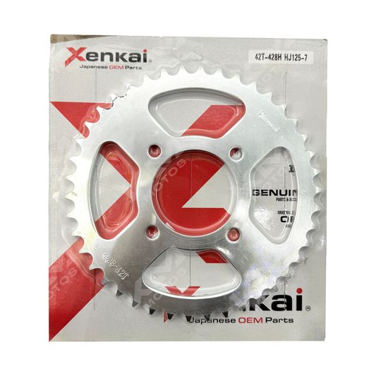 Imagen de la caja de la rueda CATARINA 42T/428H HJ125-7 de la marca XENKAI, con detalles y especificaciones visibles