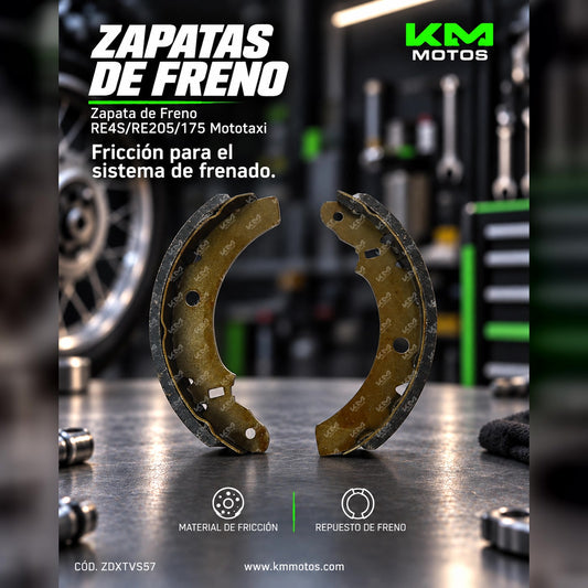 Zapata de freno Zodix RE4S/RE205/175 para mototaxi, vista de la pieza de freno de alta calidad.
