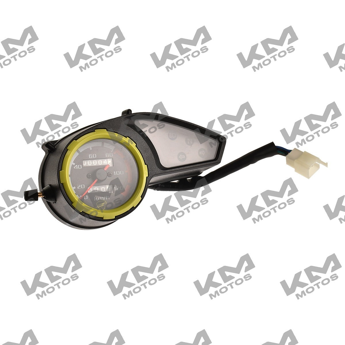 Velocímetro negro y amarillo para sistema eléctrico Italika DM200, componente original F04010202, muestra la pantalla y botones.