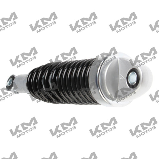 Amortiguador trasero negro para Italika FT150 125FL, sistema de suspensión original DKF02020017 en vista lateral.