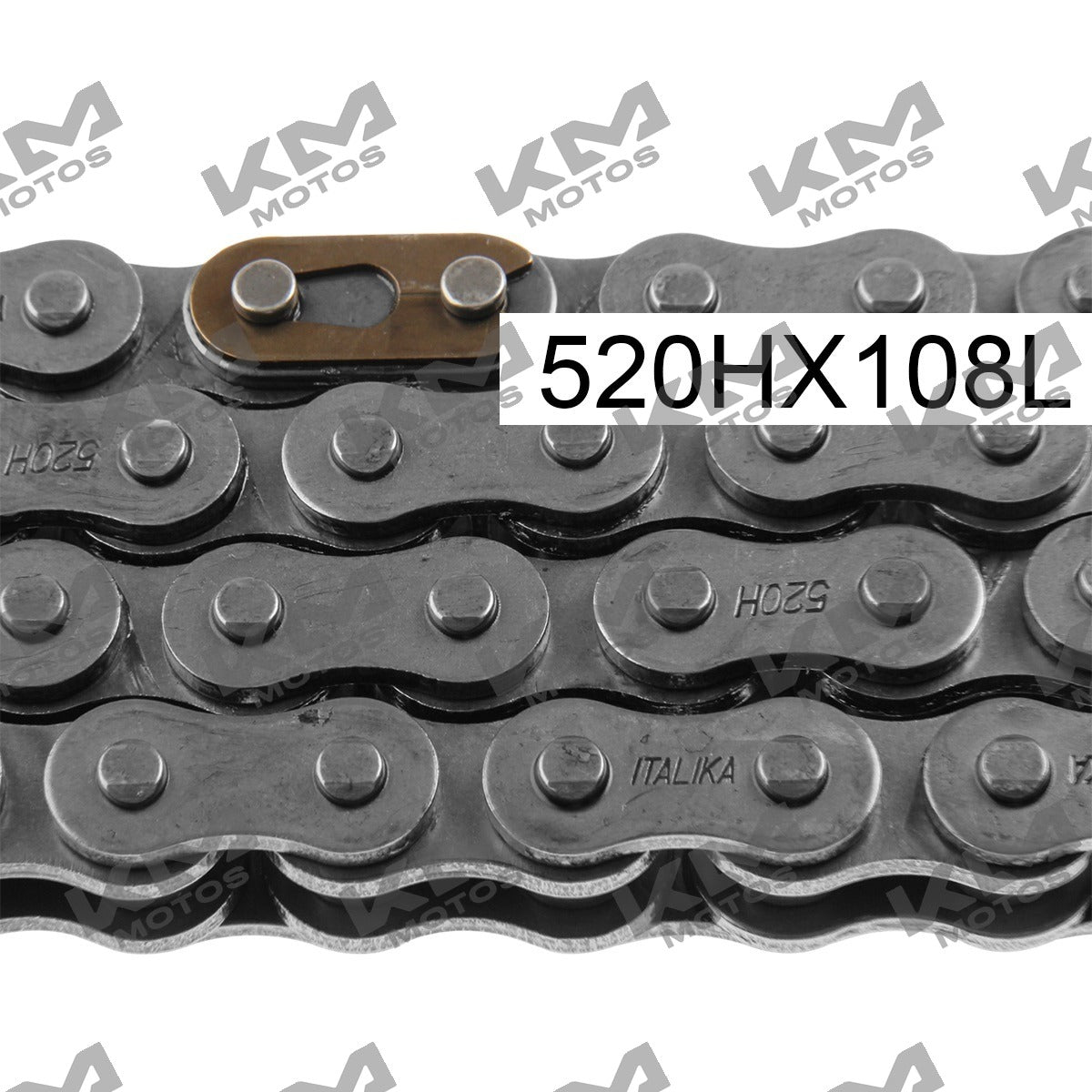 Cadena de tracción Italika 520H x 108L para modelos DM150 y 250Z, sistema de tracción original, en imagen.