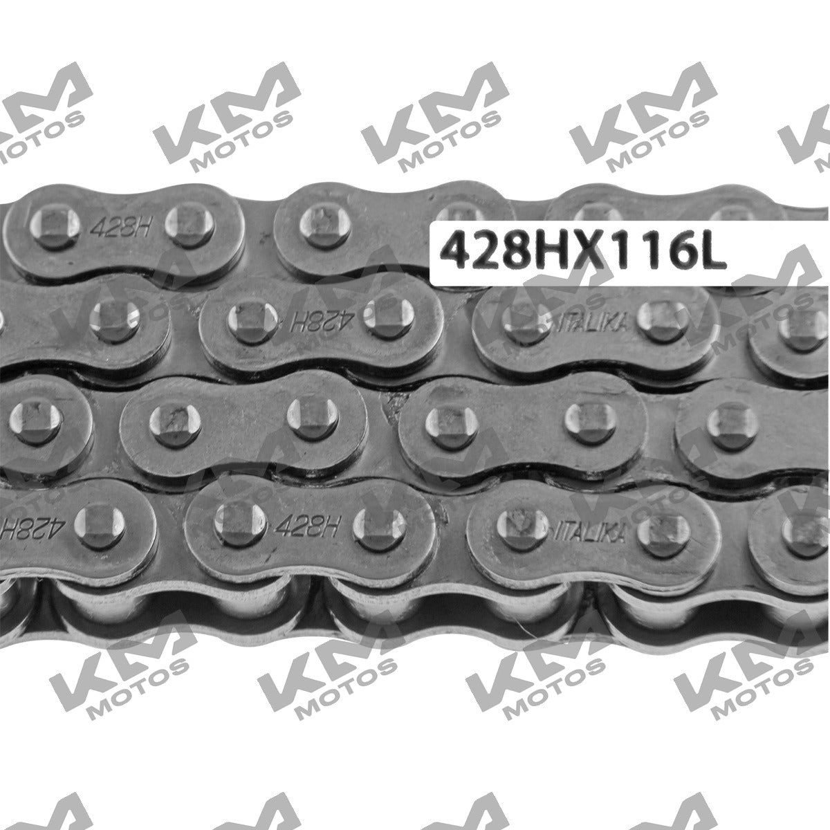 Cadena de tracción 428H x 116 eslabones Italika para DM125 y AT110, sistema de tracción original en imagen