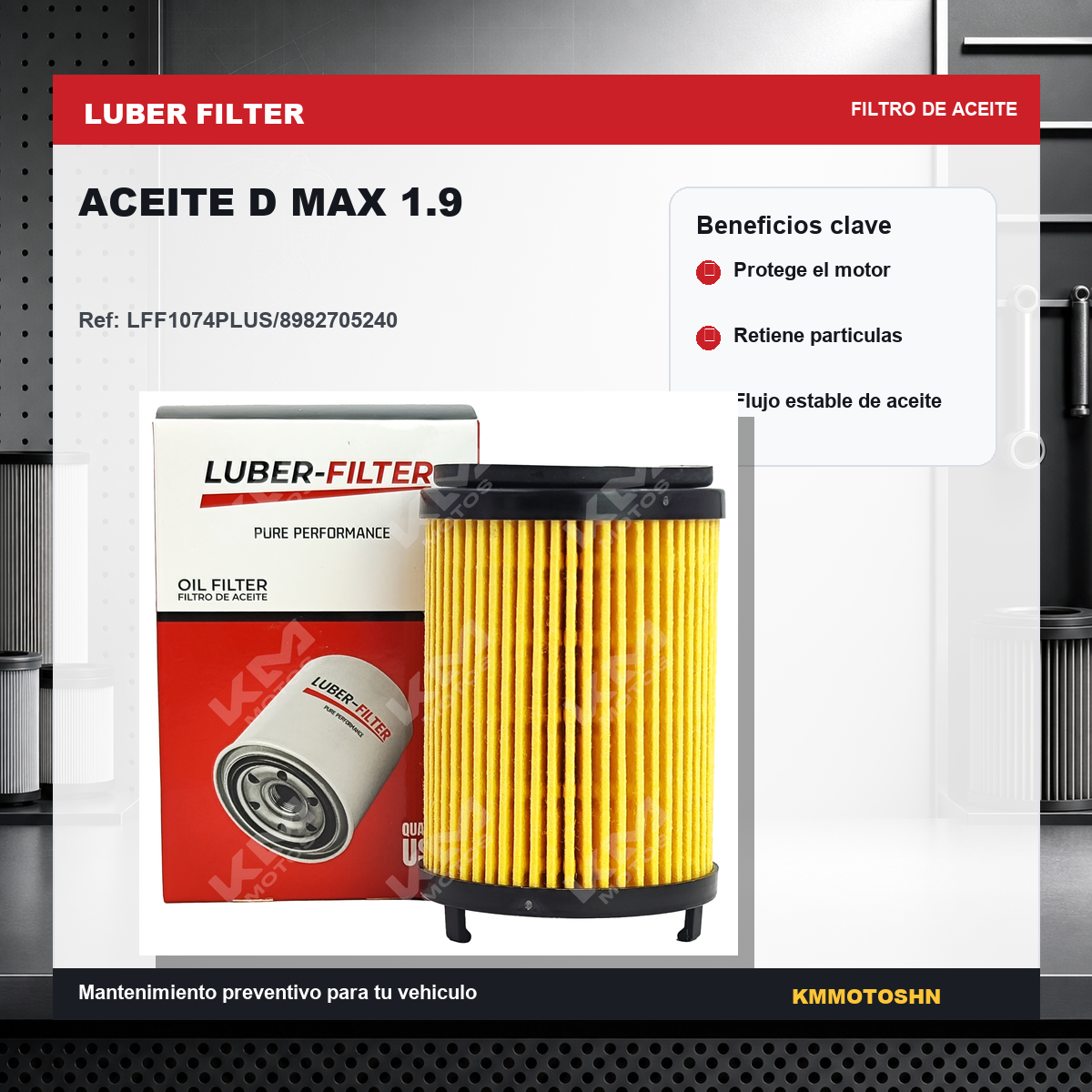 Filtro de aceite D Max 1.9 de KM Motos, filtro de aceite de repuesto para motocicleta, visible en la imagen.