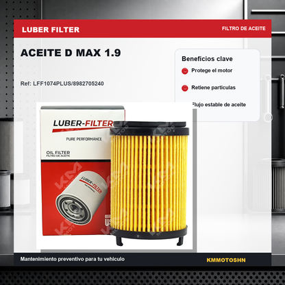 Filtro de aceite D Max 1.9 de KM Motos, filtro de aceite de repuesto para motocicleta, visible en la imagen.
